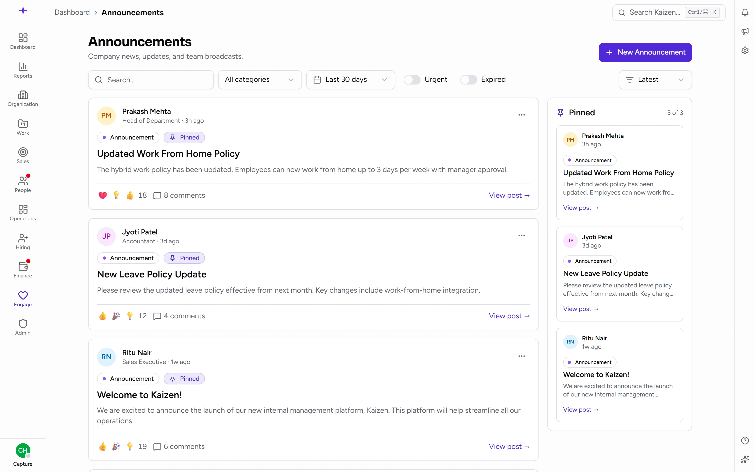 The announcement feed, newest first, with pinned posts held at the top