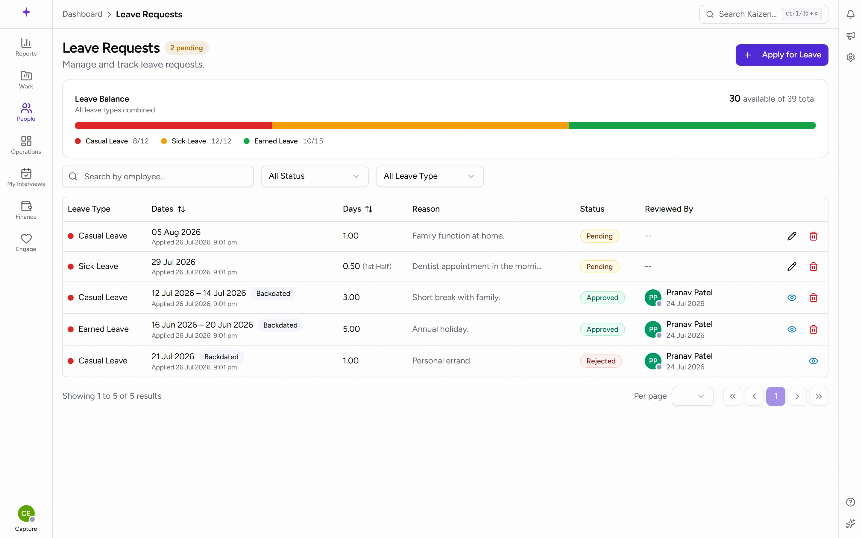 The leave list — balance strip, each request's status, and the per-row actions