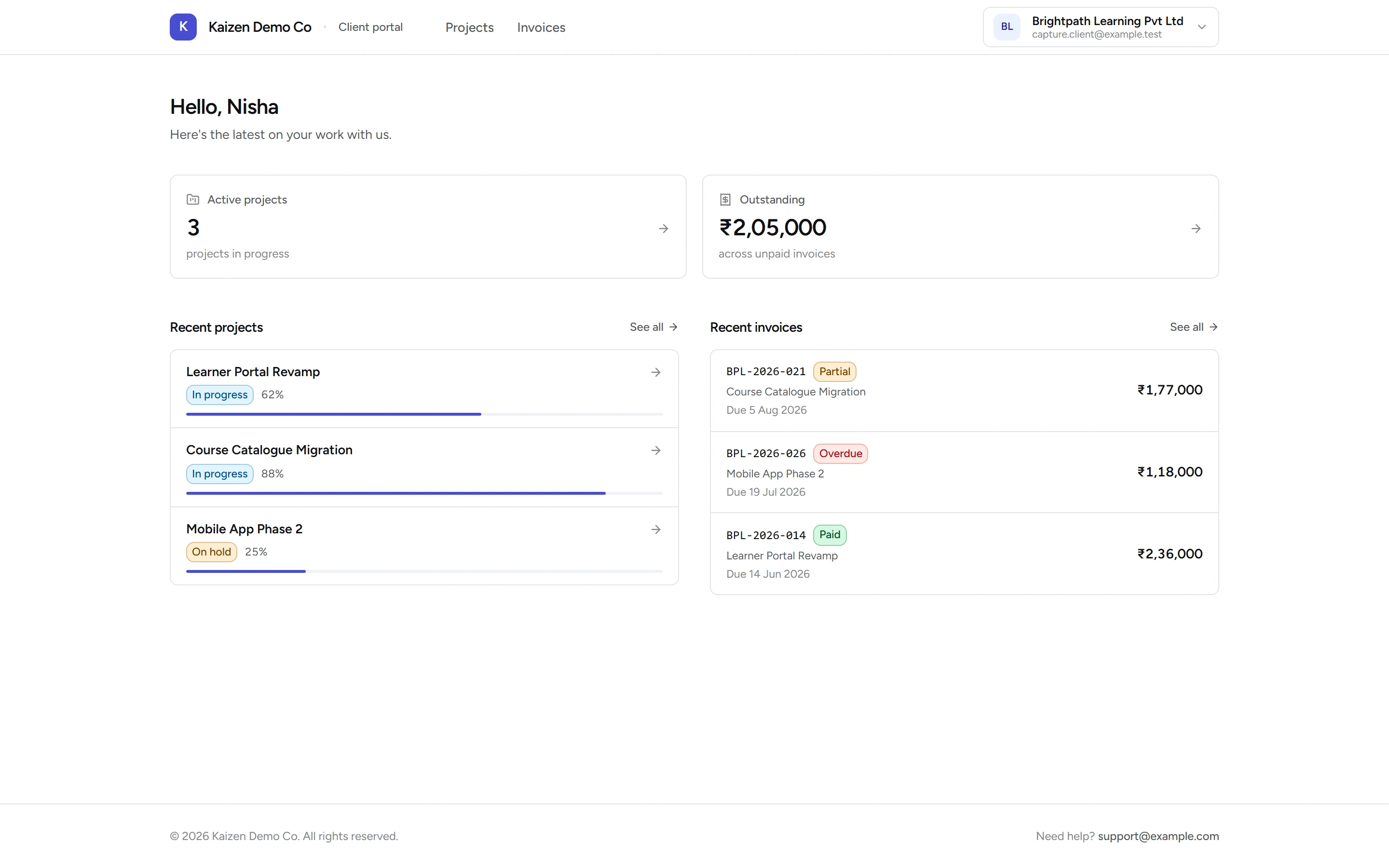 The client's dashboard, with their active work and what they owe