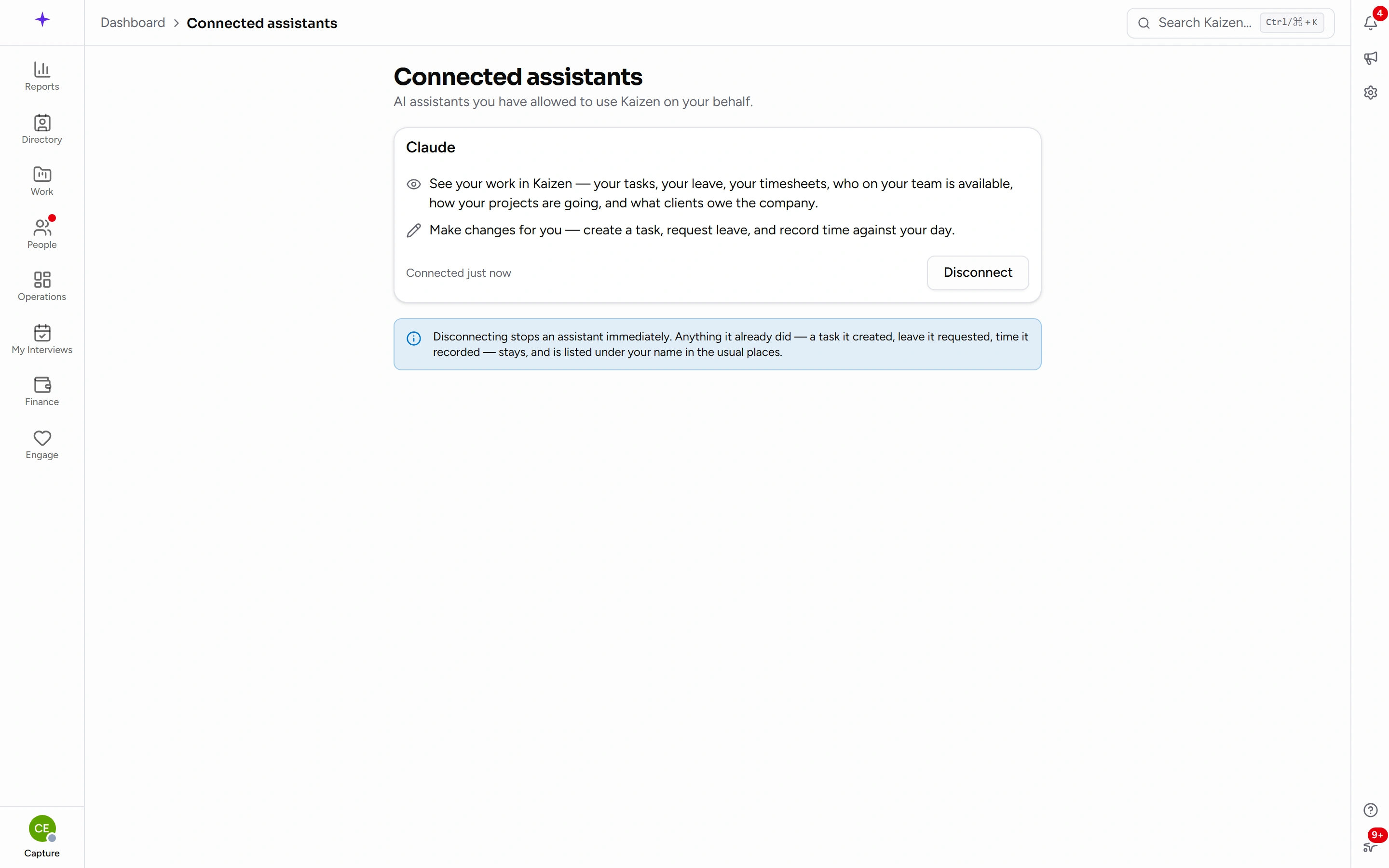 Connected assistants — one connection, what it may do, and Disconnect