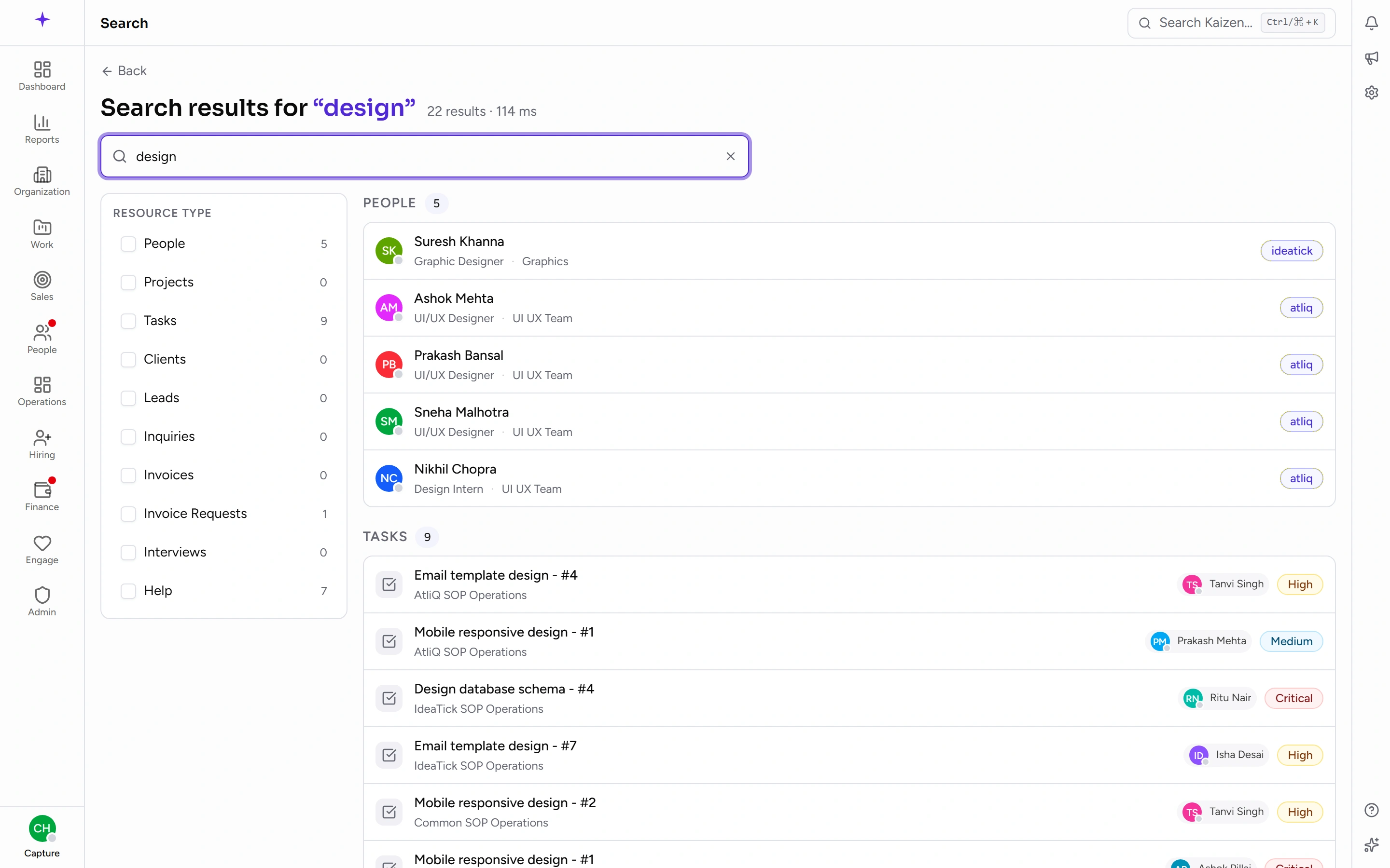Search results grouped by resource type, with the type filter on the left
