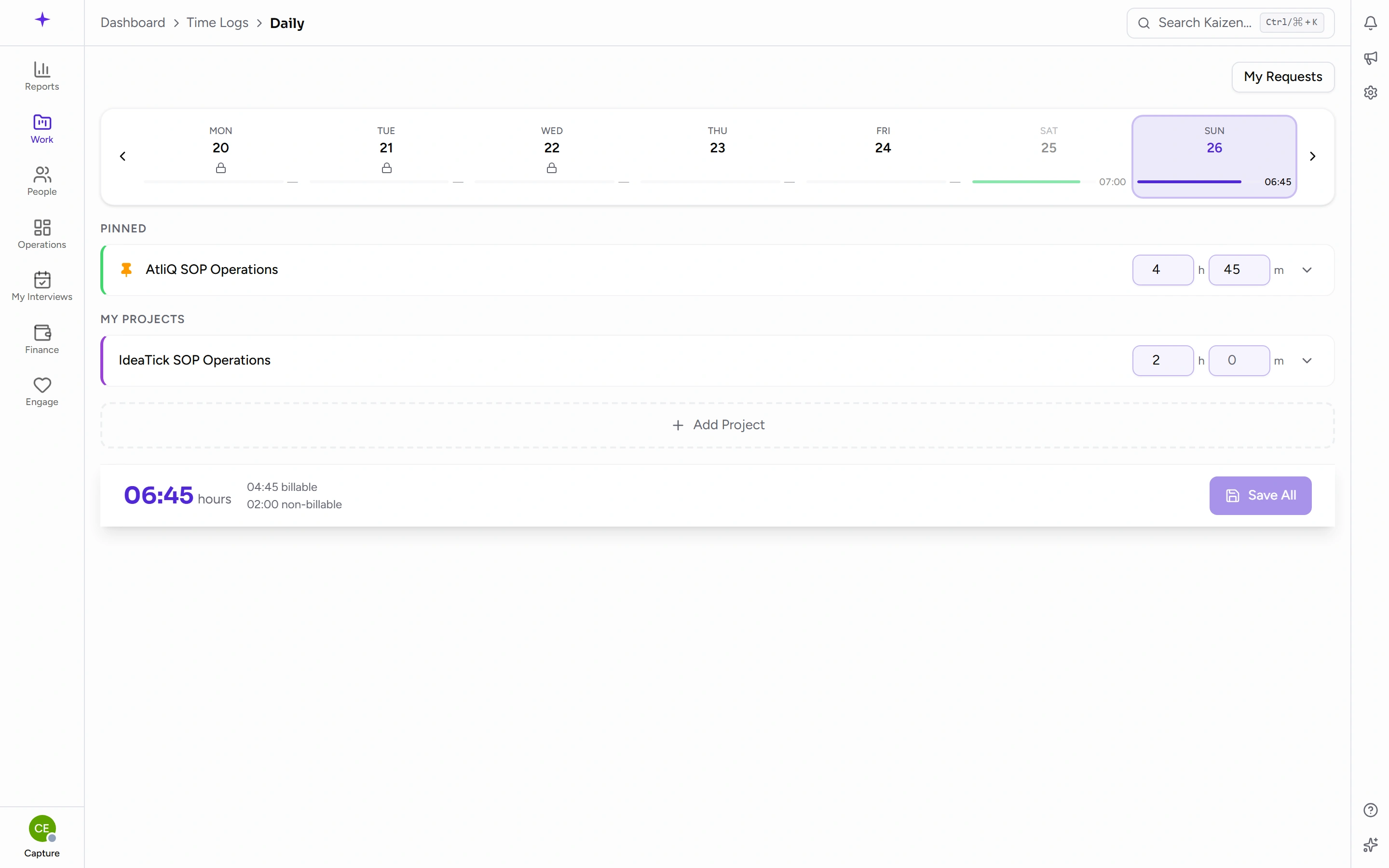 The daily time entry screen, with a row per project