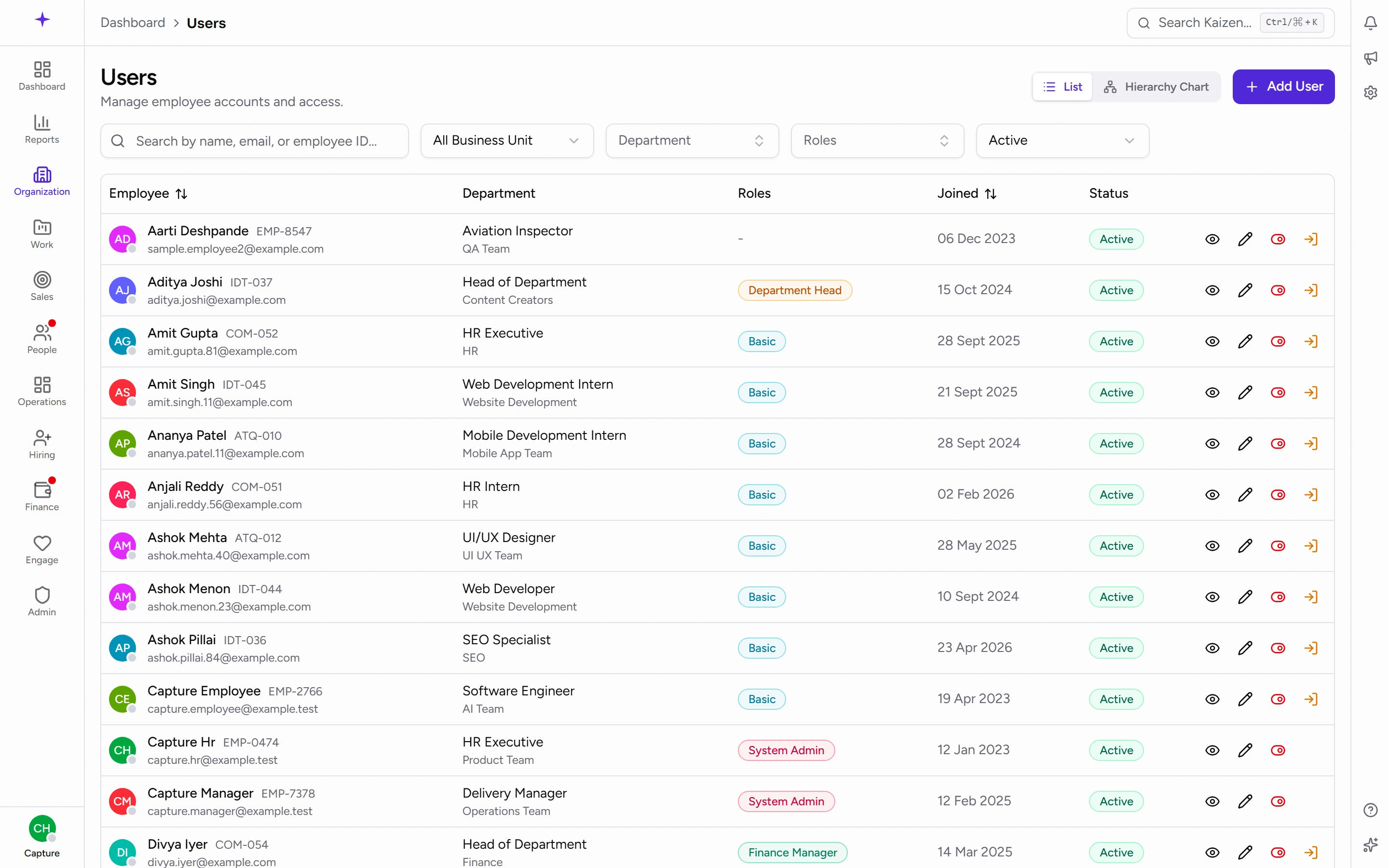 The user list, with each person's role, business unit and status