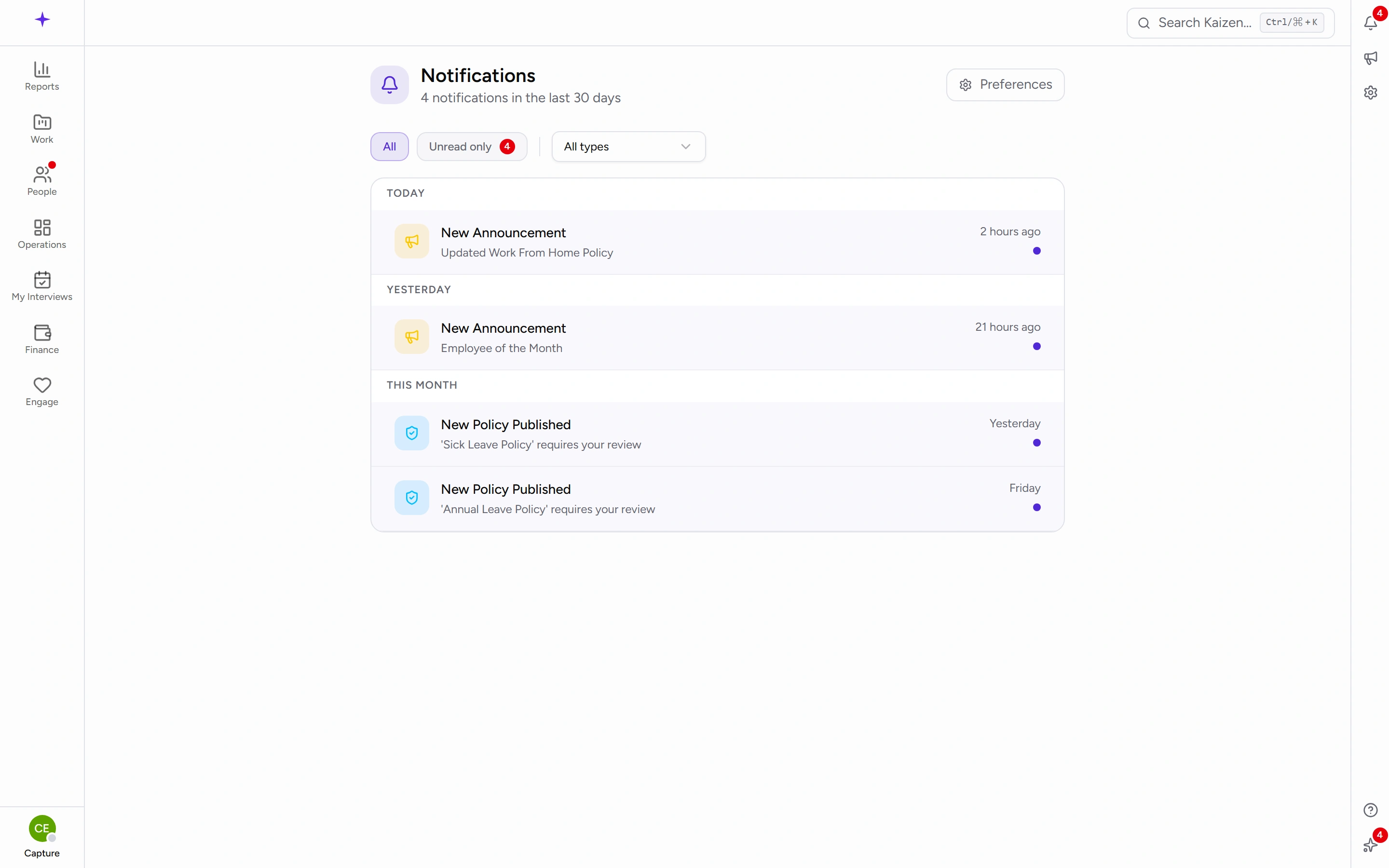 Your notifications, with filters for unread and by type