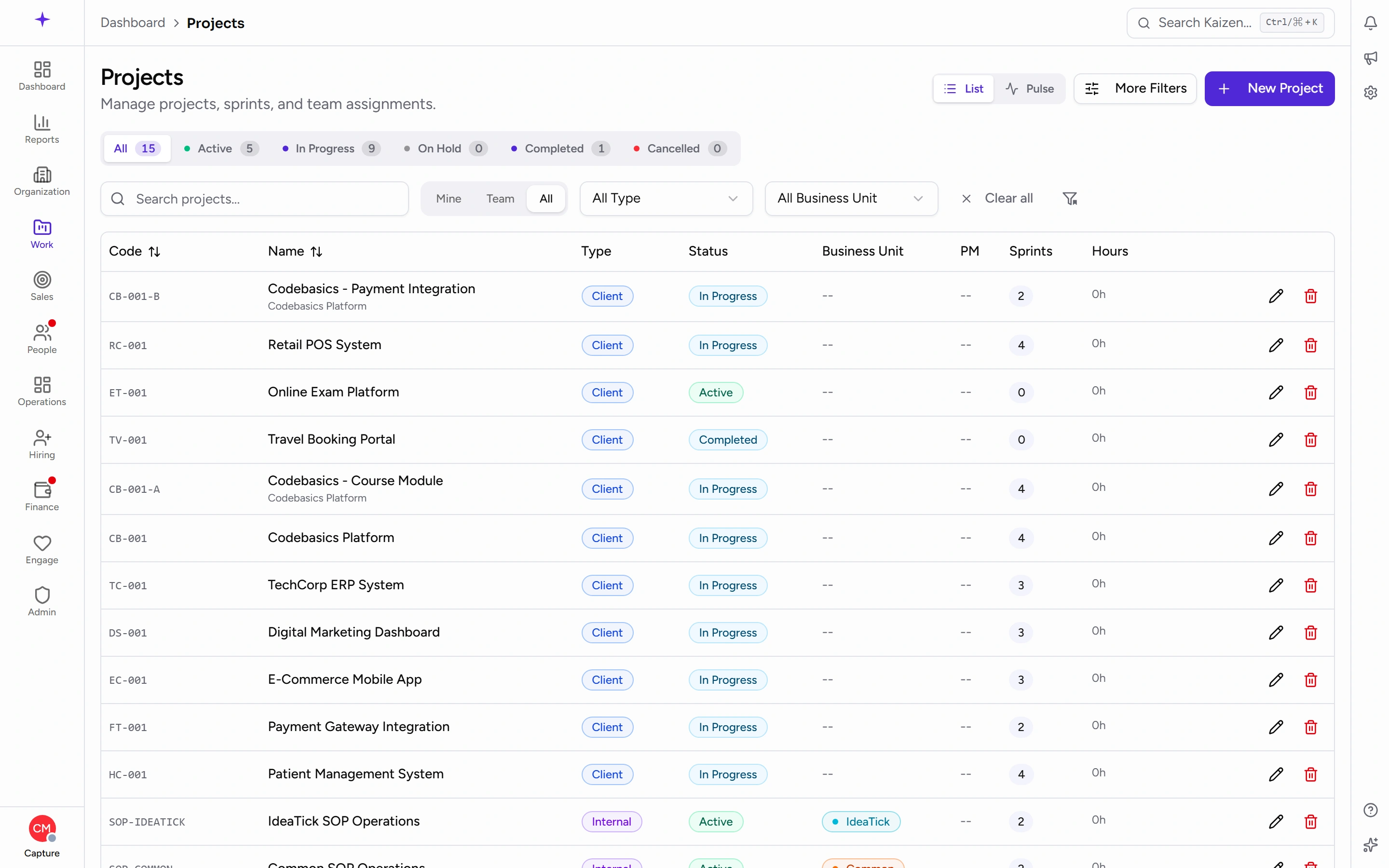 The projects list, with status counts and filters