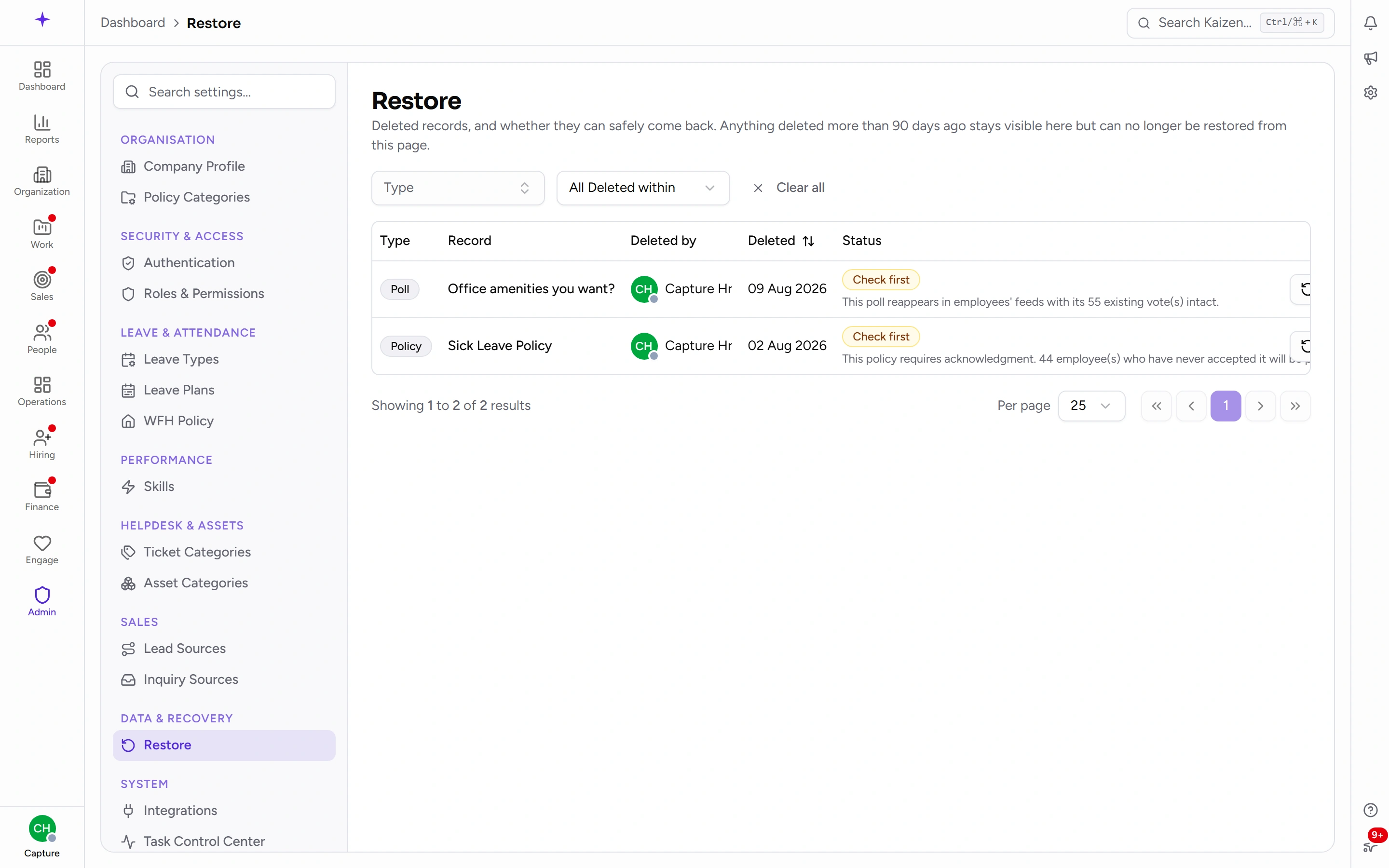 Restore — recently deleted records across the workspace, each with a safety verdict