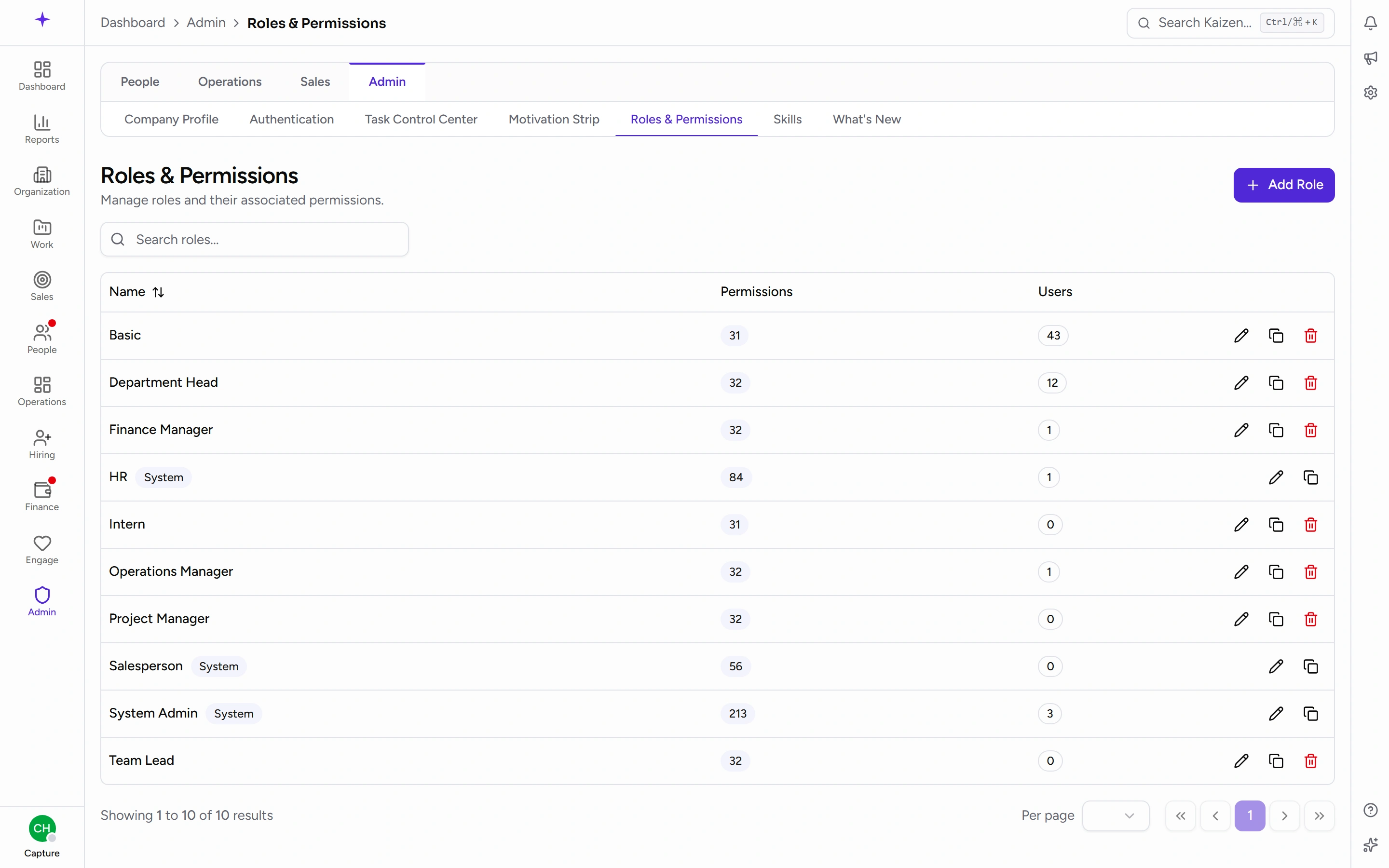 The roles list, showing which are system roles and how many people hold each