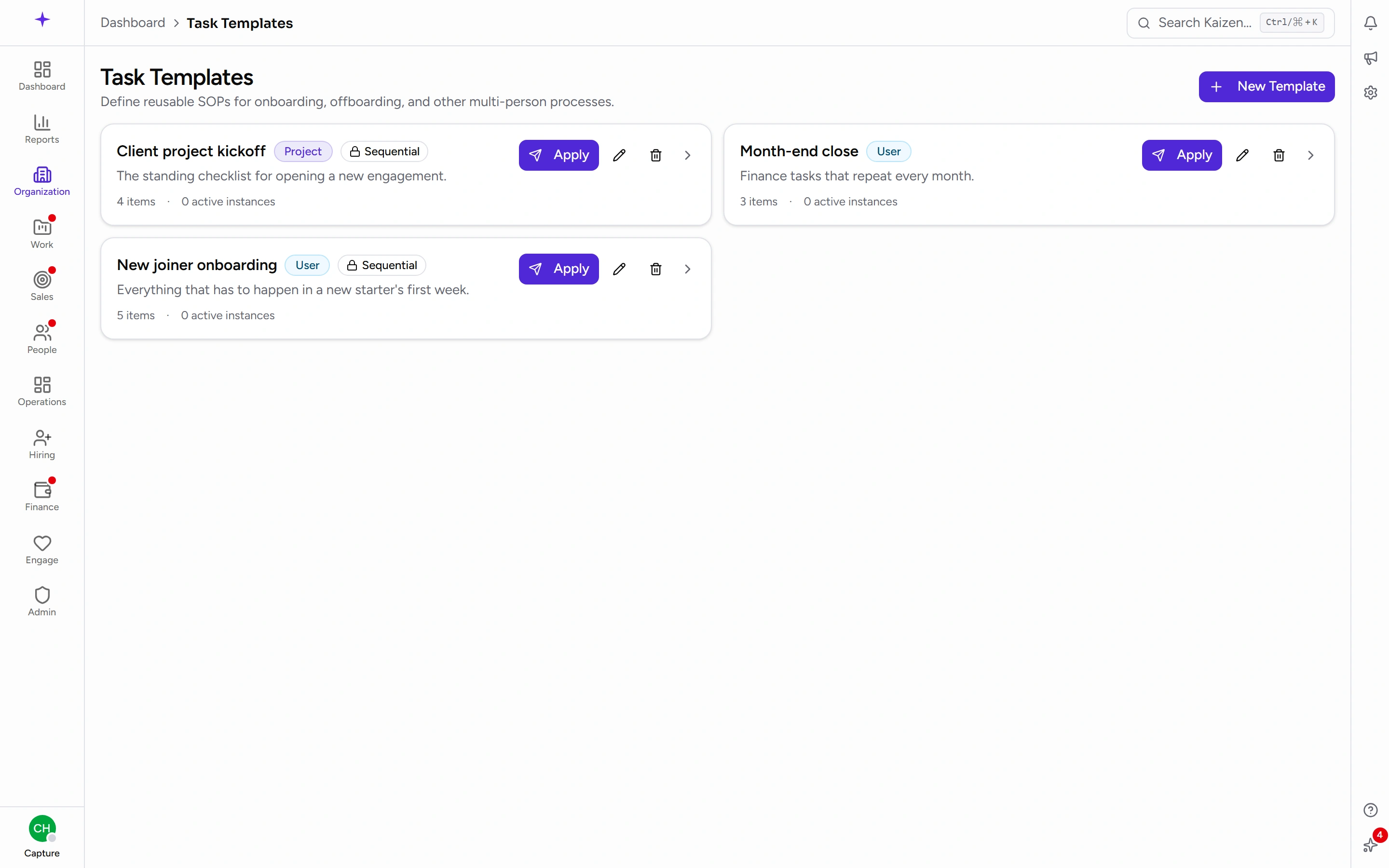 Saved task templates, each with what it targets and how many steps it holds