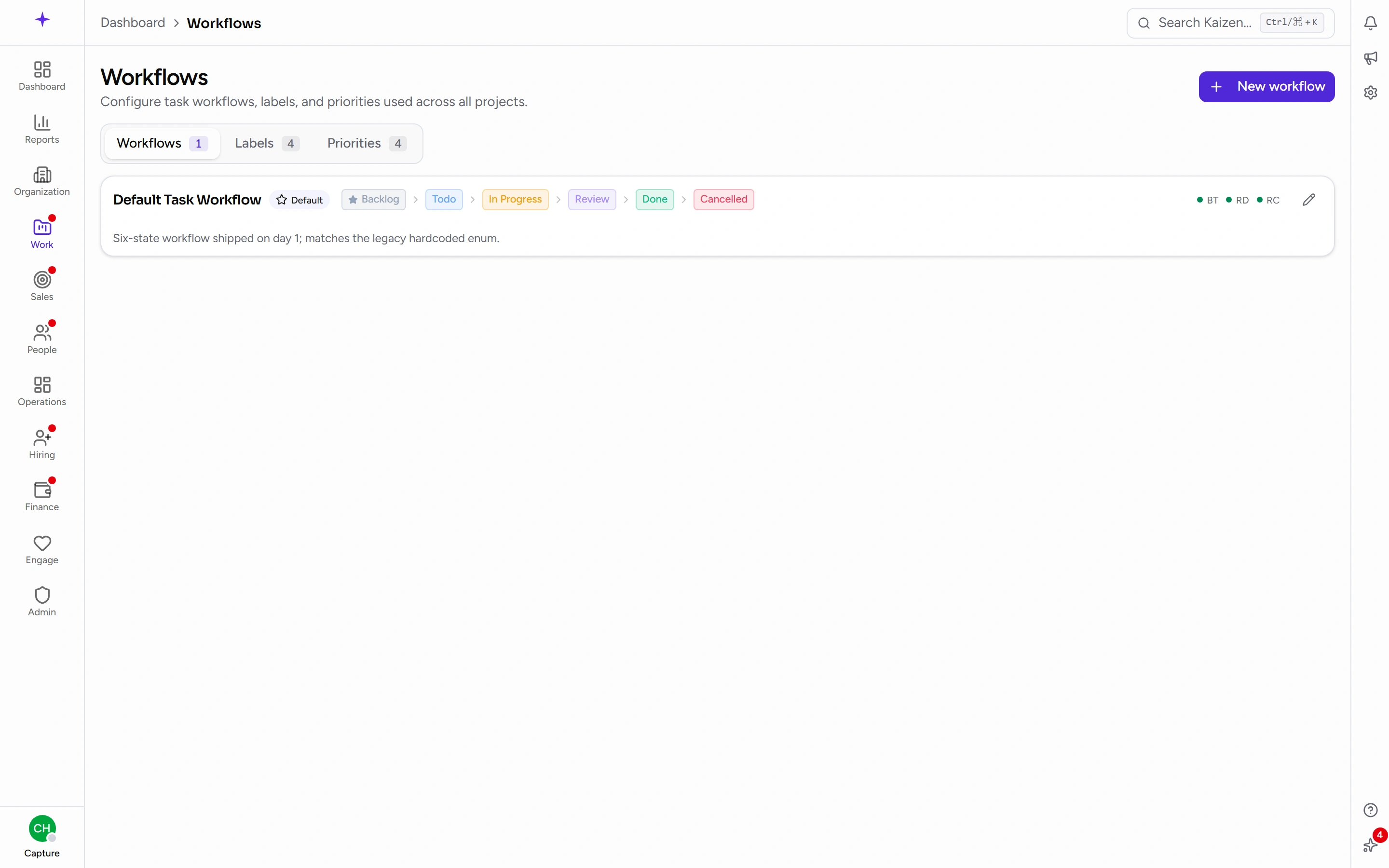 The default task workflow, its six states, and the label and priority lists beside it