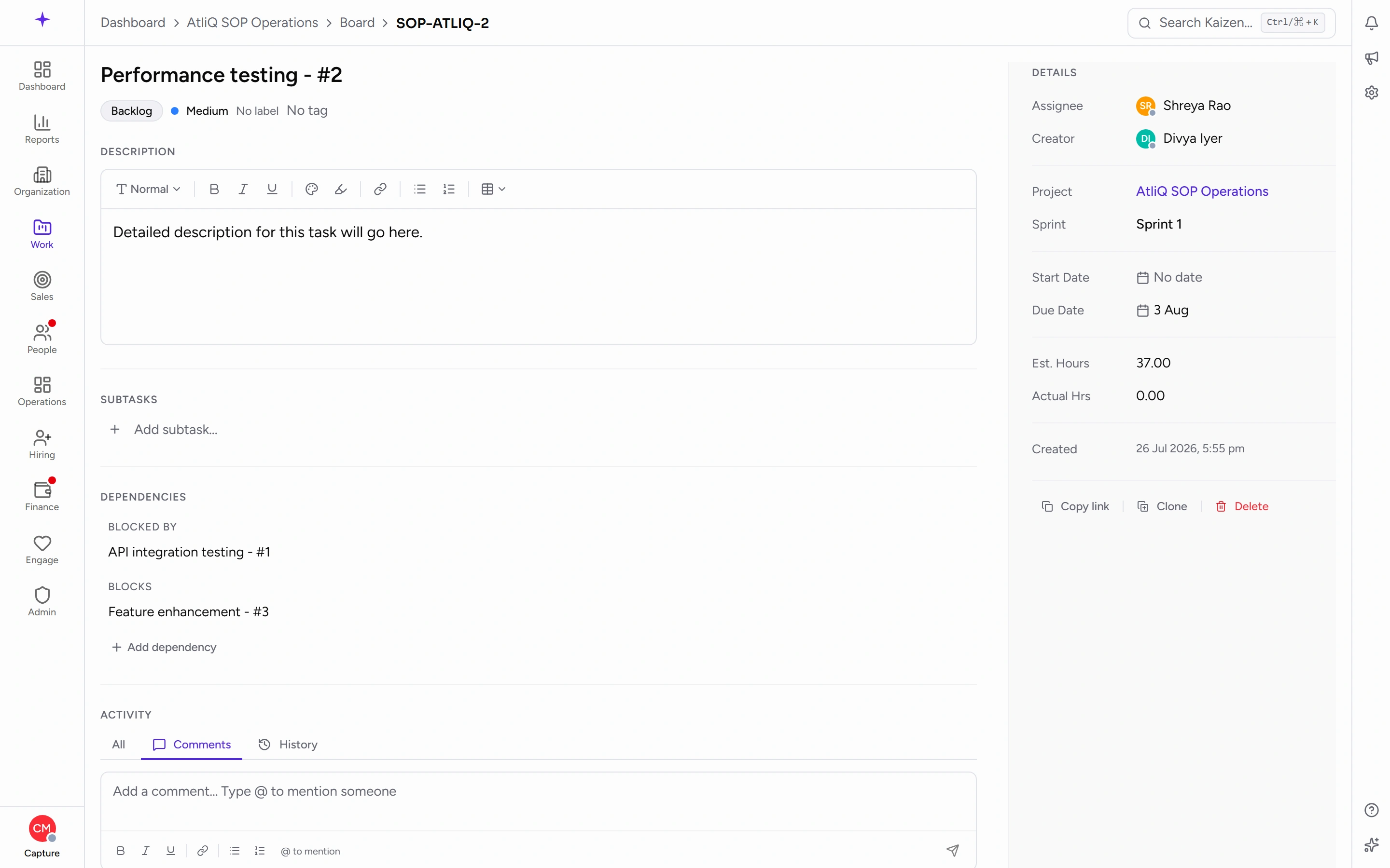 A task's own page, with details, subtasks, dependencies, and activity