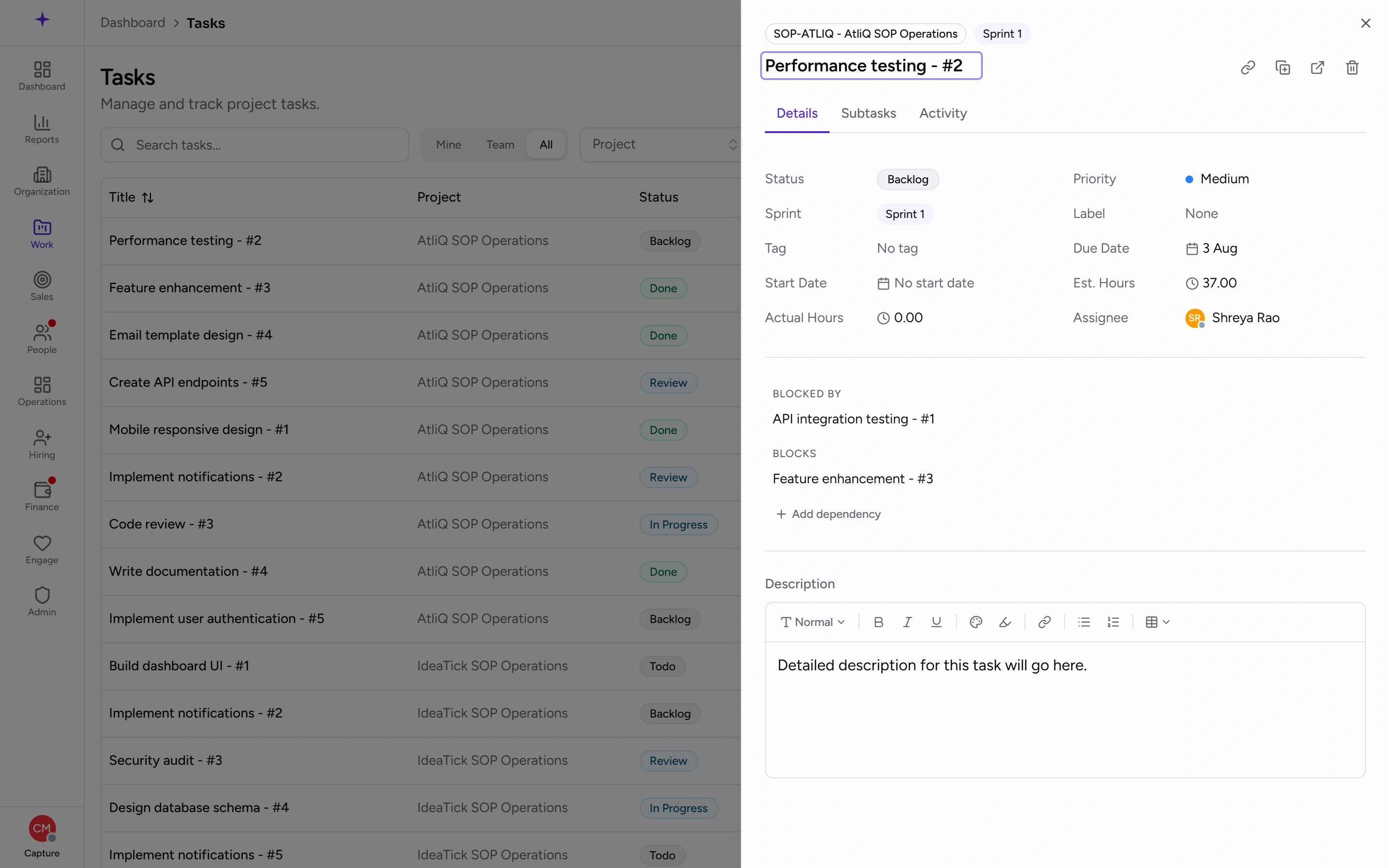 The task detail panel that opens when you click a row