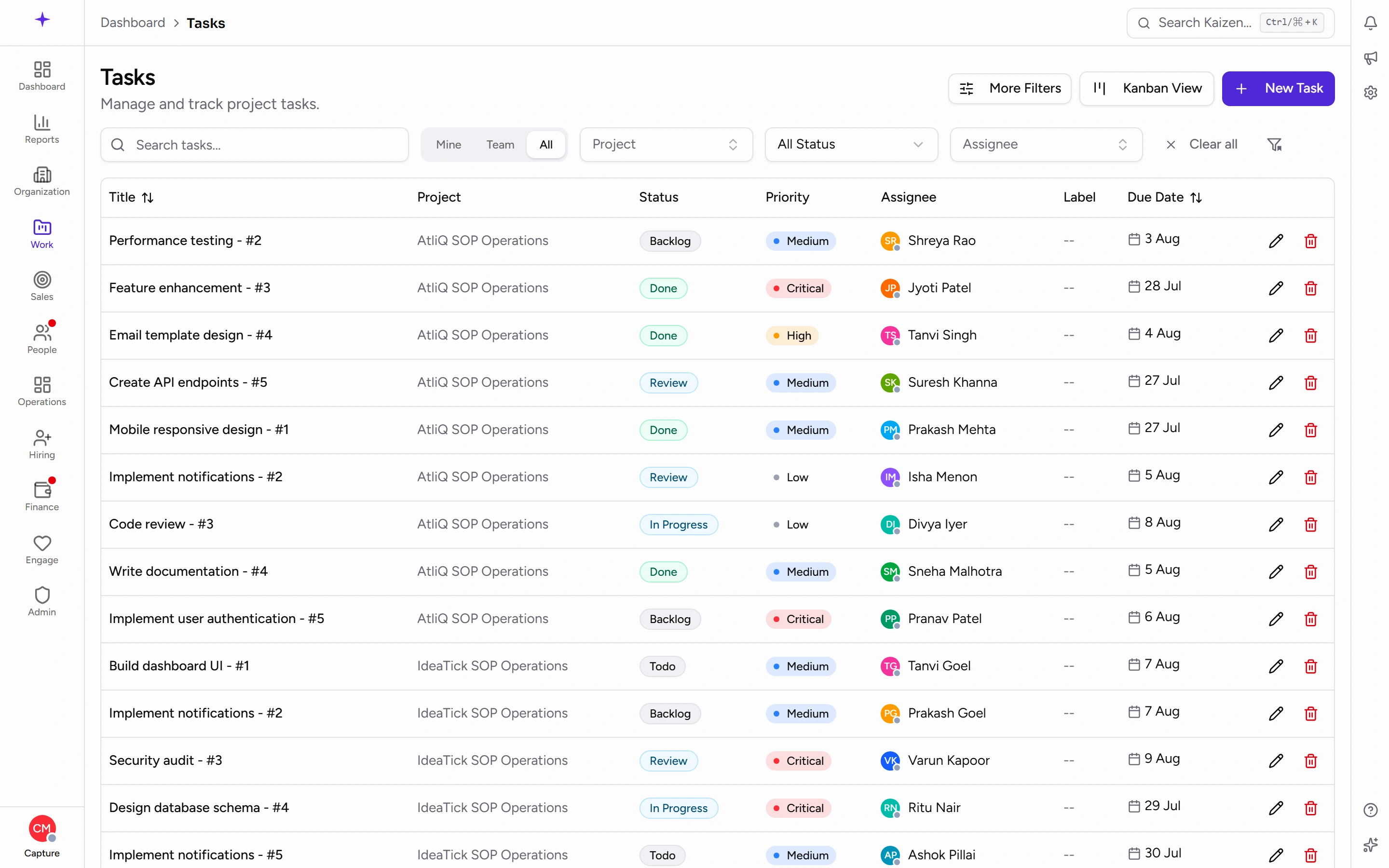 The Tasks list, with its columns, filters, and per-row actions