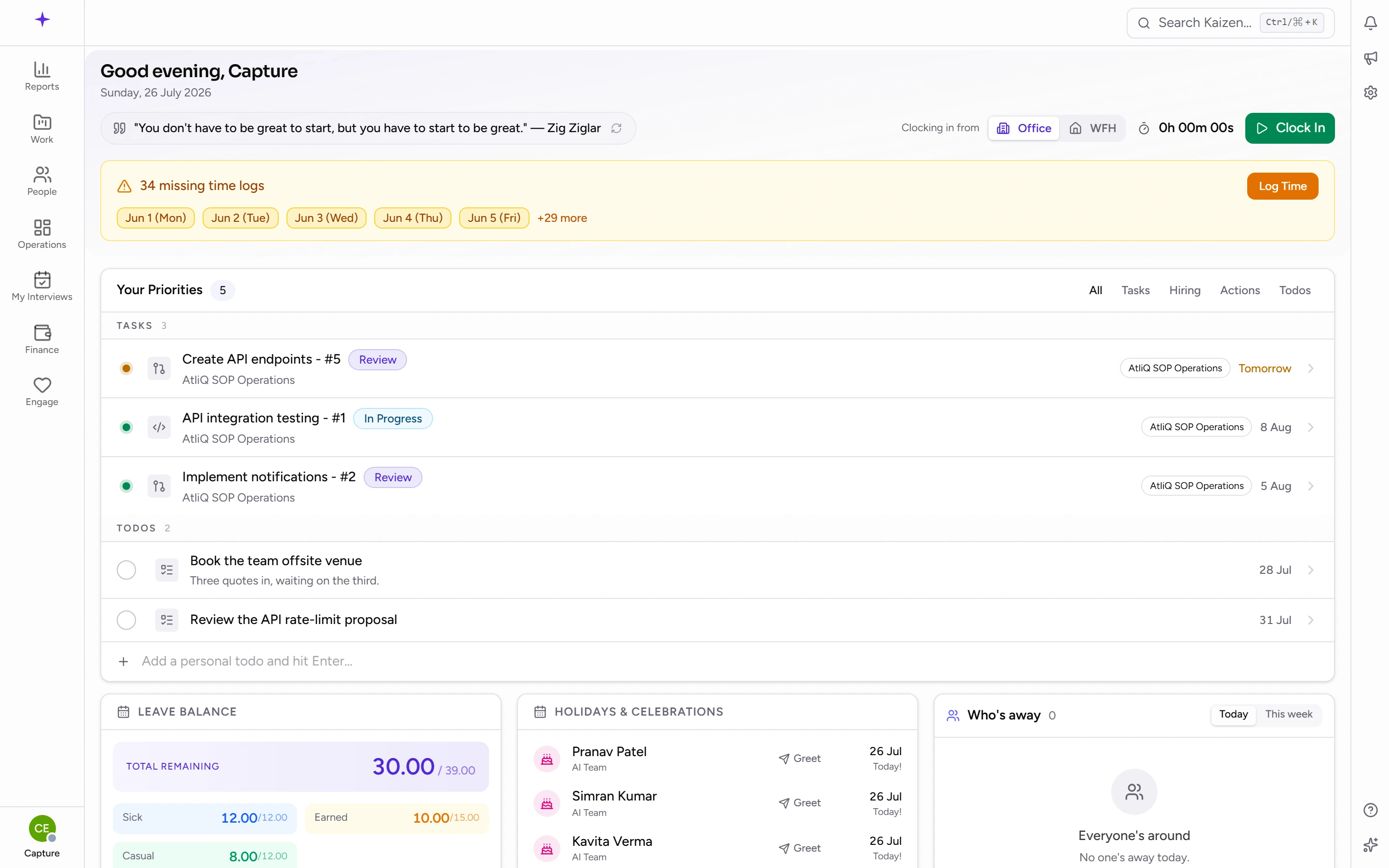 The personal dashboard — header, Your Priorities, and the three cards