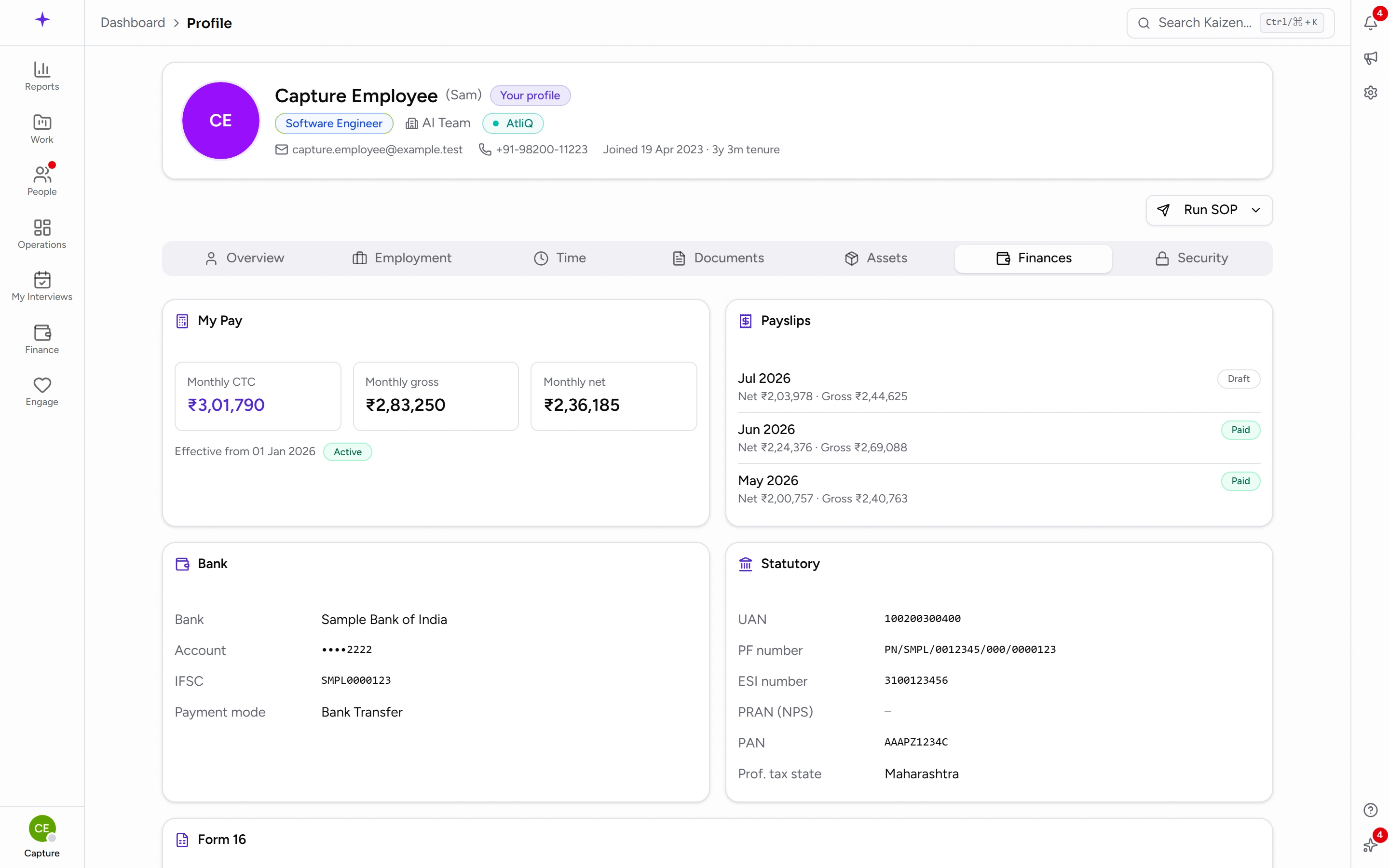 The Finances tab of your own profile, where your payslips are listed